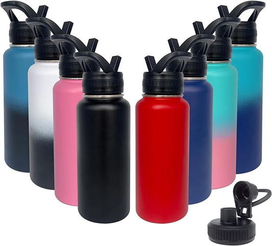 8pack 32 oz Insulated Water Bottle With Straw, Stainless Steel Sports Water Cup Flask with 2 Lids, Wide Mouth Travel Thermal Mug,Combining Colors