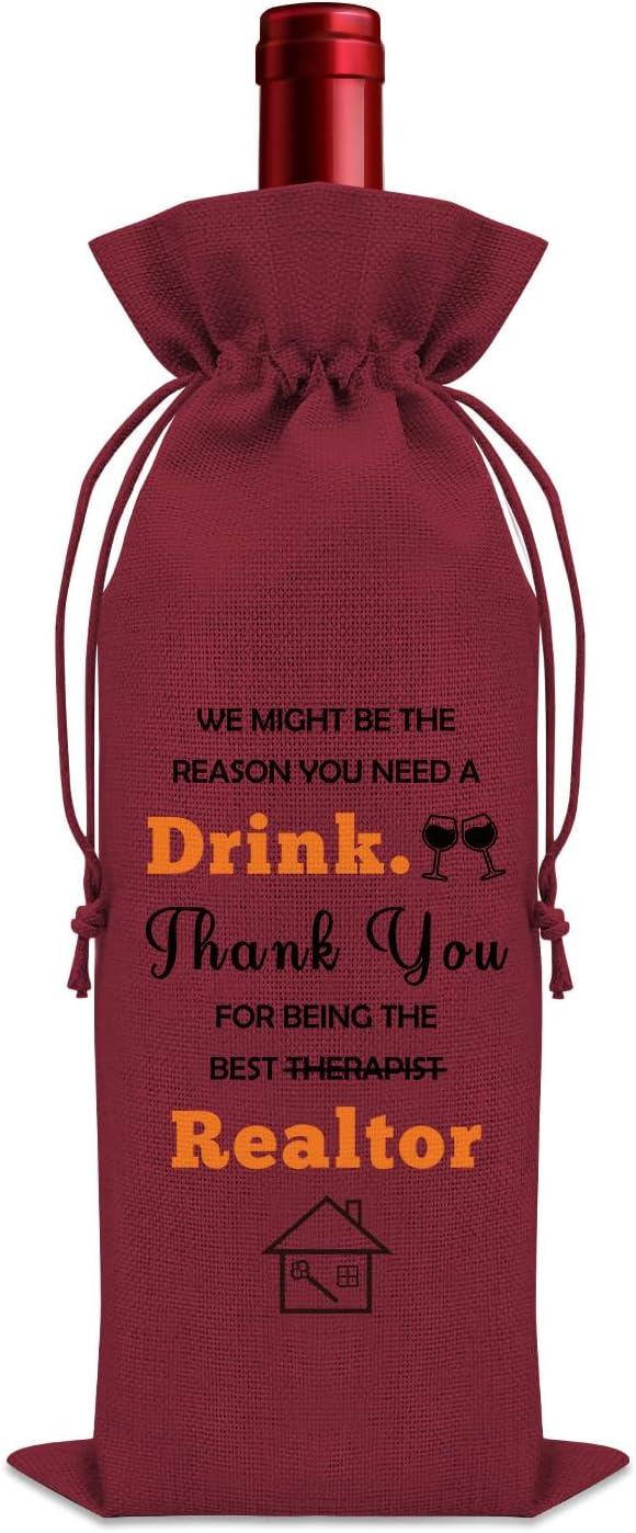 Realtor Gifts for Women Agent Wine Bag Thank You Gifts for Clients Real Estate Therapist Gifts for Men Wine Bottle Storage Bag Housewarming Gifts for Her Wine Accessories Gifts for Wine Lovers(Red)