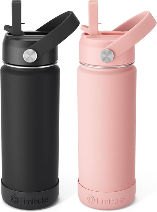 Fimibuke Kids Insulated Water Bottle - 18oz BPA-FREE Kids Cups with Straw Double Wall Vacuum Tumbler 18/8 Stainless Steel Leak Proof Toddler Water Bottle for School Boys Girls (2 Pack, Midnight Rose)