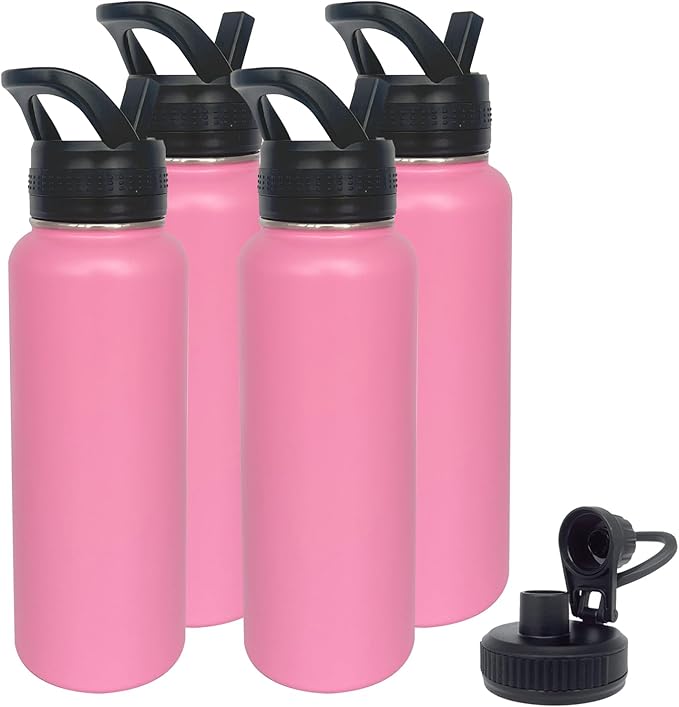 4pack 40 oz Insulated Water Bottle With Straw, Stainless Steel Sports Water Cup Flask with 2 Lids, Wide Mouth Travel Thermal Mug,Pink