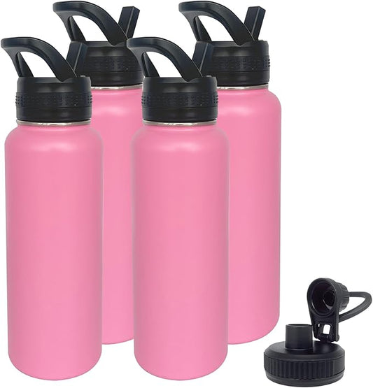 4pack 40 oz Insulated Water Bottle With Straw, Stainless Steel Sports Water Cup Flask with 2 Lids, Wide Mouth Travel Thermal Mug,Pink