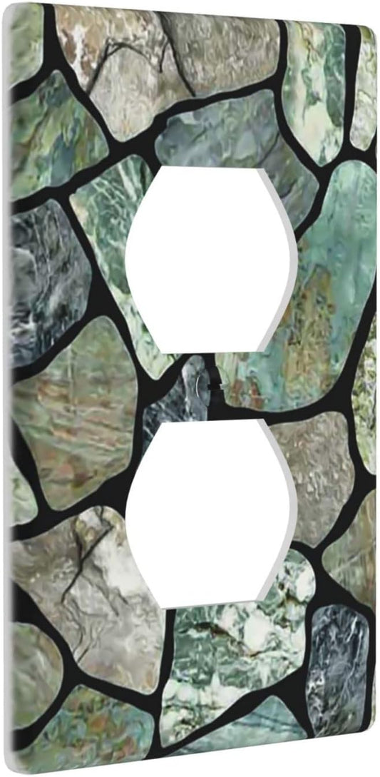 Green Stone Texture Duplex Outlet Switch Wall Plate Cover Decorative 1-Gang for Electrical Room Bathroom Bedroom Home Kitchen One Receptacle Polycarbonate Power Gear 4.5" x 2.76"