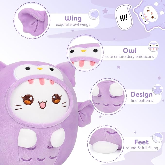 Cute Plush Owl Cat Stuffed Animal Pillow, 8" Soft Kawaii Kitten Plushie with Purple Owl Outfit Gift for Kids