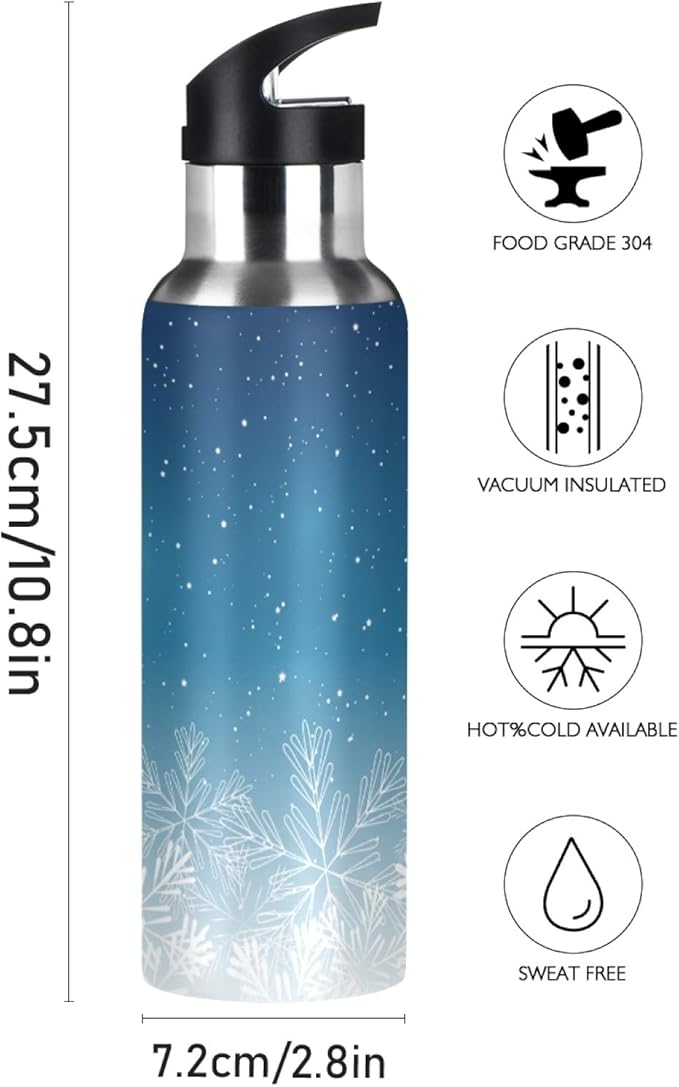 Blue Christmas Snowflake Sports Water Bottle, 22 Oz BPA Free Non-Toxic Stainless Steel Water Bottle with Straw for Gym Yoga Fitness Camping