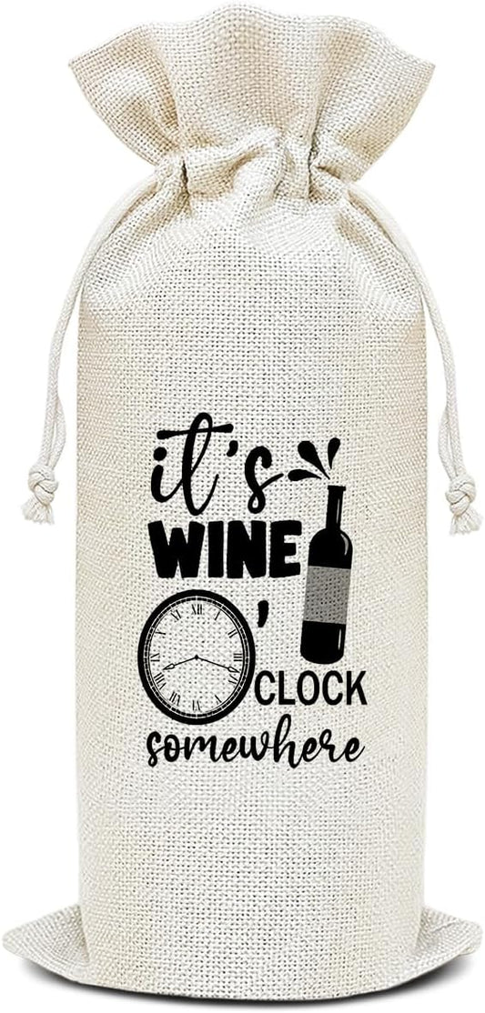 It's Wine O'clock - Wine Canvas Bag, Funny Wine Gift Bag, Birthday Gifts for Women Friend Wine Lover Gifts, Wine Bags for Wine Bottles Gifts, Wine Gifts With Drawstring Holiday Party Decoration -WB28