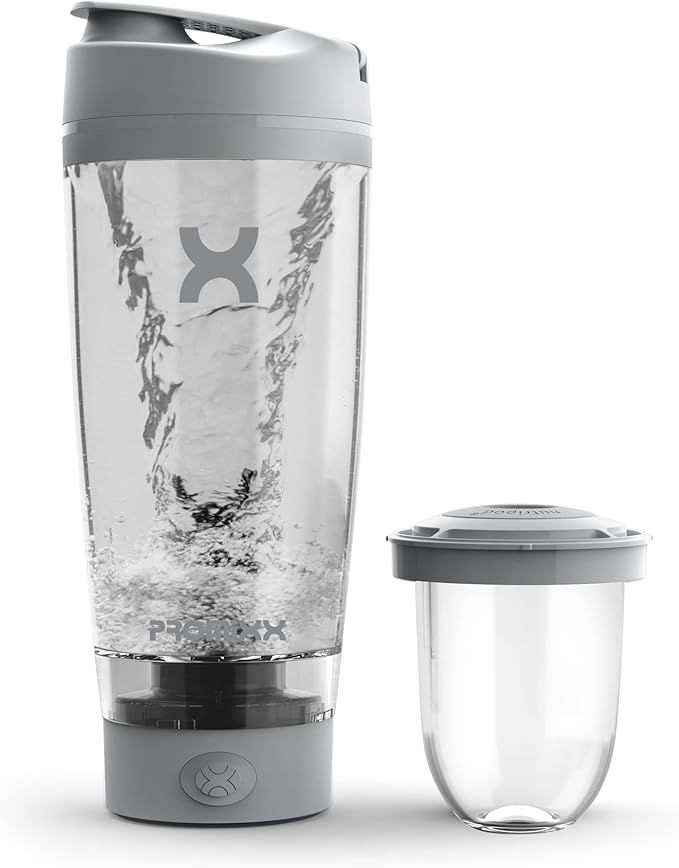 Promixx Pro Shaker Bottle | Rechargeable, Powerful for Smooth Protein Shakes | includes Supplement Storage - BPA Free | 20oz Cup (Cool Gray)
