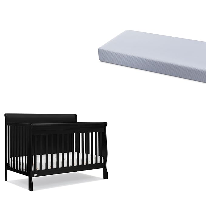 Delta Children Simmons Kids Carter 6-in-1 Convertible Crib - Greenguard Gold Certified, Black Ebony+ Quiet Nights Breathable Baby Bed Crib Mattress and Toddler Mattress (Bundle)