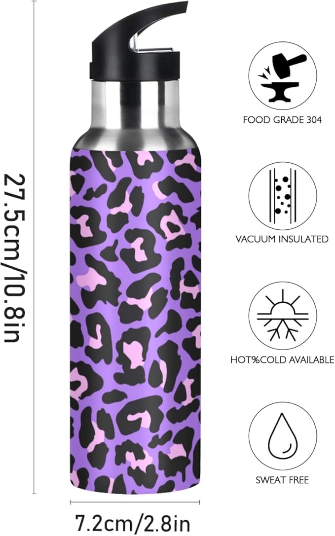 Qilmy Black and White Leopard Water Bottle Vacuum Insulated Stainless Steel Water Bottles with Straw Lid Leakproof Wide Mouth Water Flask for Fitness Outdoor Sports, 20 oz