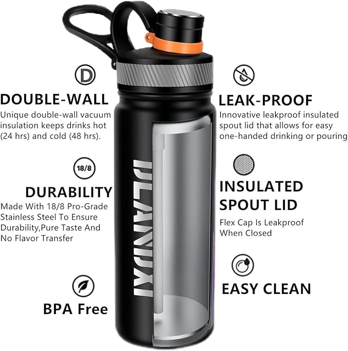 24 oz Double Wall Vacuum Insulated Stainless Steel Water Bottle with Spout Lid BPA Free (BLACK, 24 OZ)