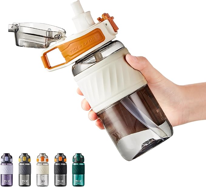 TKK 15oz Sports Water Bottles with Removable Straw Durable BPA Free Tritan Bottles Leak-Proof Water Bottles for School, Fitness, Gym, Outdoor, White