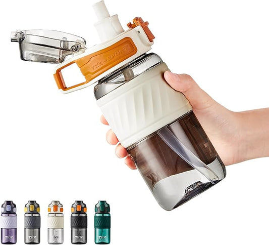 TKK 15oz Sports Water Bottles with Removable Straw Durable BPA Free Tritan Bottles Leak-Proof Water Bottles for School, Fitness, Gym, Outdoor, White