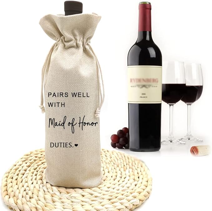 Maid of Honor Proposal Wine Bag Gift,Gift for Bridesmaid,Wedding Wine Bag Gift,Burlap Wine Bag,Bridal Shower,Engagement, Bachelorette Party Favor,Reusable Wine Bag - Pairs Well With Maid of Honor