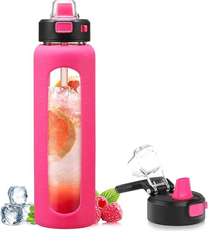 Kodrine 32 oz Glass Water Bottle with Soft Silicone Spout, Locking Lid, and Carry Loop, Rose Red