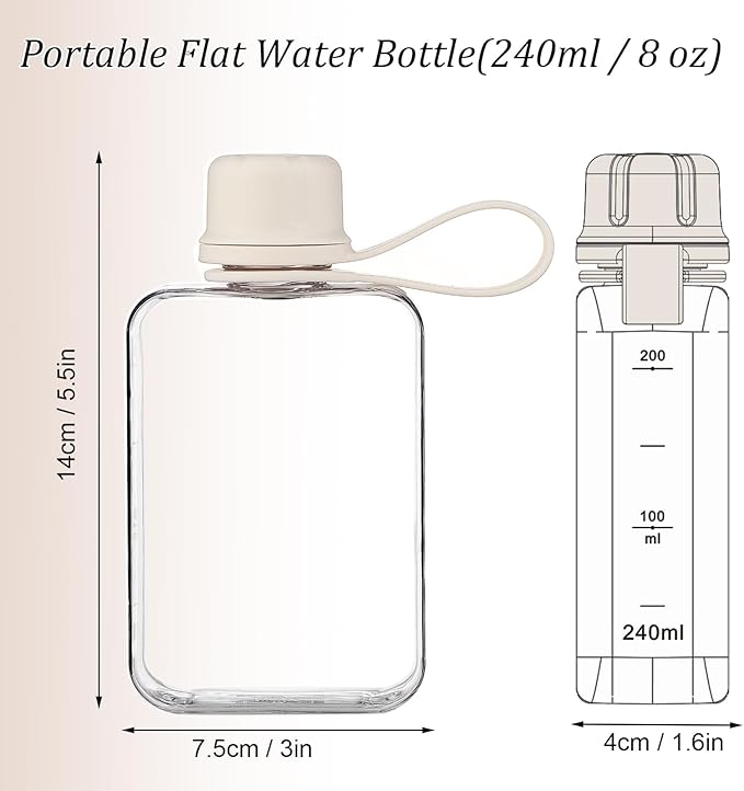 Tritan Transparent Flat Water Bottle samll Water Bottle Slim Square Pocket Bottle Water Flask, BPA Free/Slim Design/Leak Proof Water Bottle for Travel, Outdoor, Sports, Camping (White, 240ML)