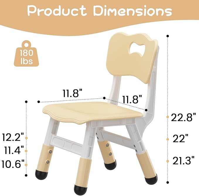 Adjustable Kids Chair (2pcs), 3 Level Height Adjustable Toddler Chair, Plastic Indoor Outdoor Child Chair for Children Age 2-8 Family School Home Daycare Use, Beige