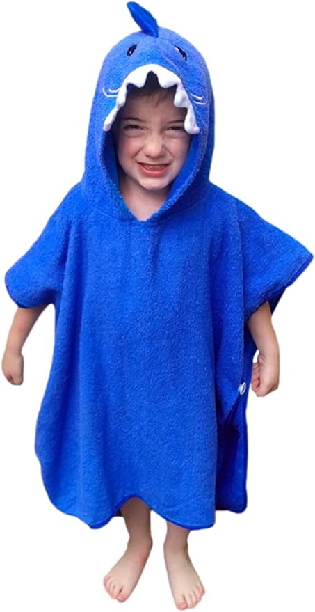 Premium Hooded Towel Poncho for Kids & Toddler - 100% Cotton (Blue Shark)