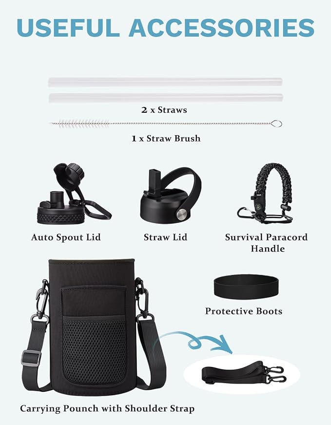 64 OZ Water Bottle Half-gallon Hydro Jug - w/Paracord Handle, Straw & Spout Lid, Carrying Pouch, 64oz Insulated Water Bottle Stainless Steel, Sports Flask Jug Triple-wall, Thermal Mug Hydro Canteen