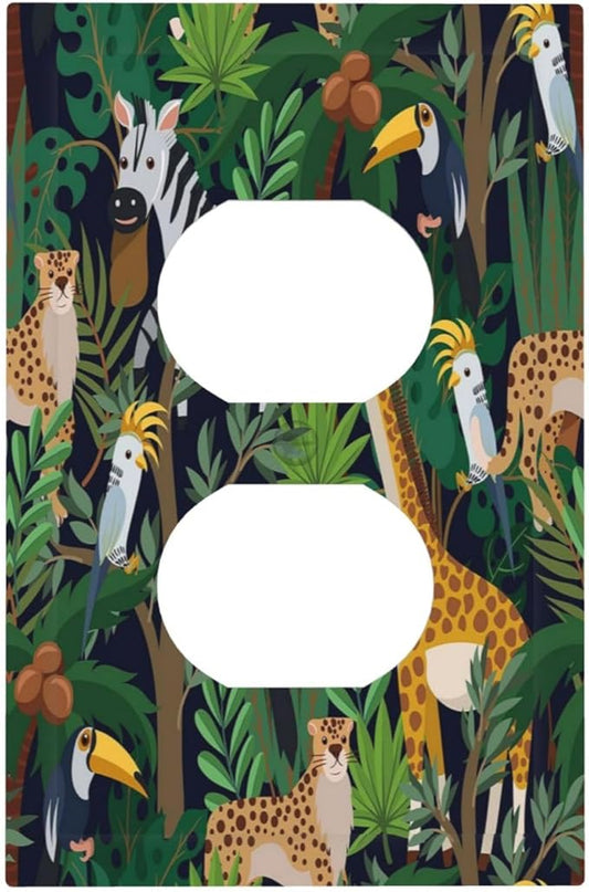 Cartoon Animal Zebra Leopard Giraffe Bird Leaf Single Duplex Wall Plate Covers Nursery Light Switch Cover 1 Gang Outlet Plate Decorative Electrical Receptacle Art Faceplate Switchplate for Kidroom