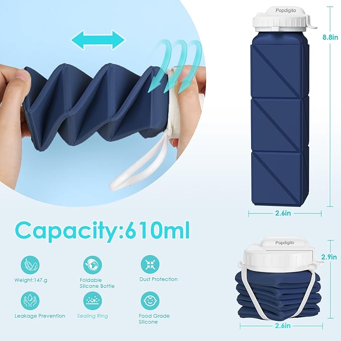 Collapsible Water Bottles 20.7oz Leakproof with Straw Lid Food-Grade BPA-Free Silicone Travel Foldable Water Bottles for Sports Office Gym Hiking Driving 610ML (Type2 Navy Blue)