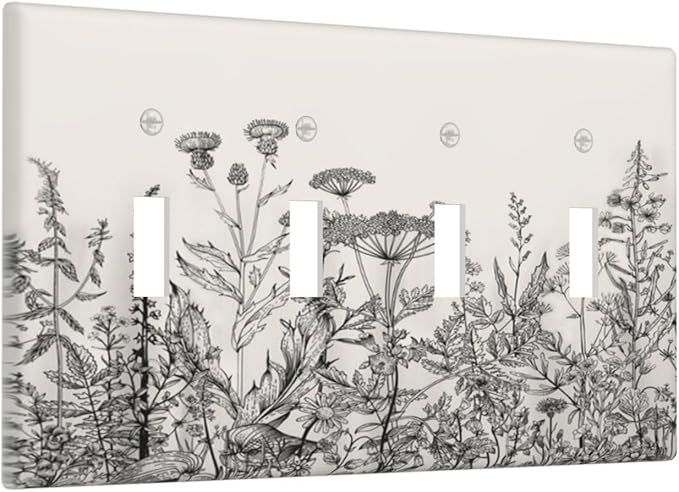 Vintage Grey Floral Herbs Wild Flowers Botanical Quad Toggle Boho Light Switch Covers Decorative Country Unique 4 Gang Wall Plate Electrical Faceplate Switchplate for Bedroom Decor