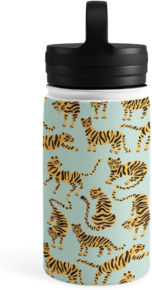 Deny Designs Water Bottle, Handle Lid 12 oz, Cat Coquillette Tiger Collection Mint Orange