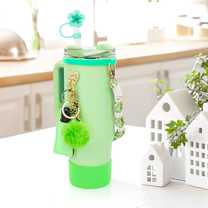 Stanley Cup Accessories Set Including 1 Pcs Water Bottle Handle Strap, 1 Pcs Siliocne Straw Cover, 1 Pcs Siliocne Stanley Cup Boot, 3 Pcs Stanley Charms for Stanley Cup 40oz & 30oz Tumbler - Green