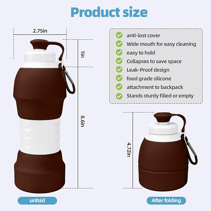 Collapsible Water Bottle, 19.6oz Leakproof Foldable BPA Free Silicone Reusable Sports Bottle, Portable Refillable Bottles with Carabiner, Ideal for Travel Hiking Outdoor Camping Gym (Brown)