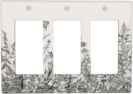 Vintage Grey Floral Herbs Wild Flowers Botanical 3 Gang Rocker Boho Light Switch Covers Decorative Country Unique Triple Outlet Wall Plate Cover Faceplate Decorative Switchplate GFCI