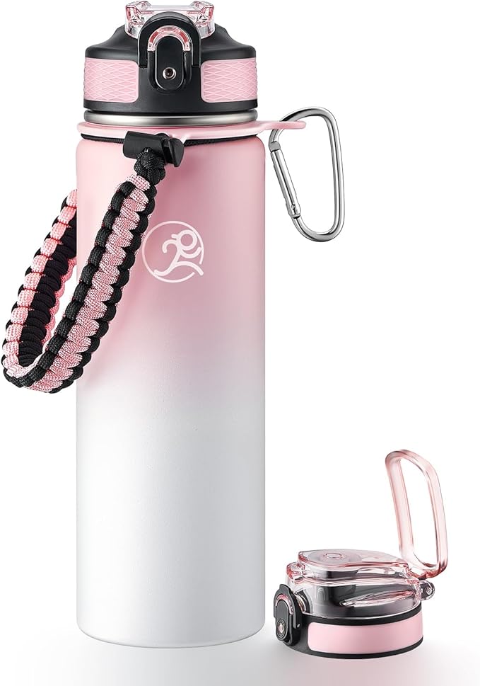 GOSWAG Insulated Sports Water Bottle, 24oz 2 Lids(with Straw/No Straw), Stainless Steel Water Bottles with Paracord Handle, Insulated Thermos with Double-Wall Vacuum Insulation