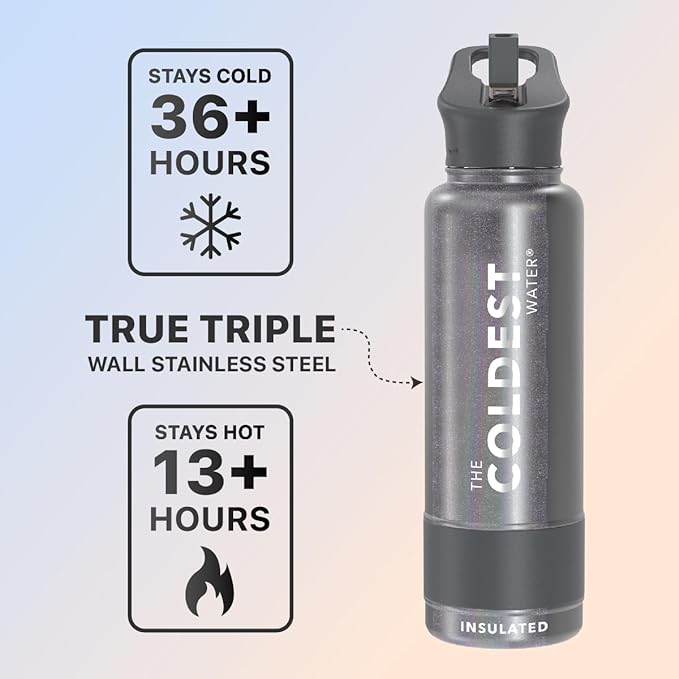 COLDEST Sports Water Bottle - 40 oz(Straw Lid), Leak Proof, Vacuum Insulated Stainless Steel, Hot Cold, Double Walled, Thermo Mug, Metal Canteen (40 oz, Stardust Glitter)