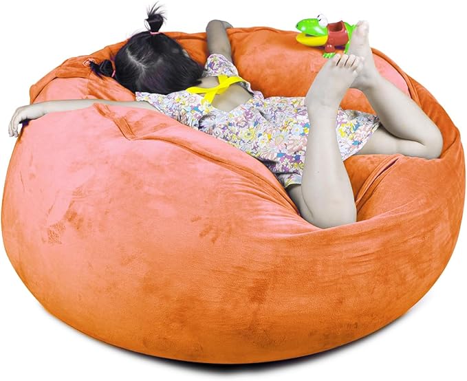 Bean Bag Chair Cover, Stuffed Animal Storage, Plush Toys Organizer Holder, Beanbag Chairs Cover for Kids Teans and Adults Super Soft and Comfortable Fabric X-Large with Handle and Zipper - Round Brown