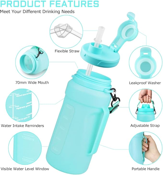 Nefeeko Collapsible Water Bottles, 1.5L Reusable Collapsible Water Bottle for Travel Leakproof, BPA Free Foldable Silicone Water Bottles with Straw for Traveling Sport Gym Camping Hiking