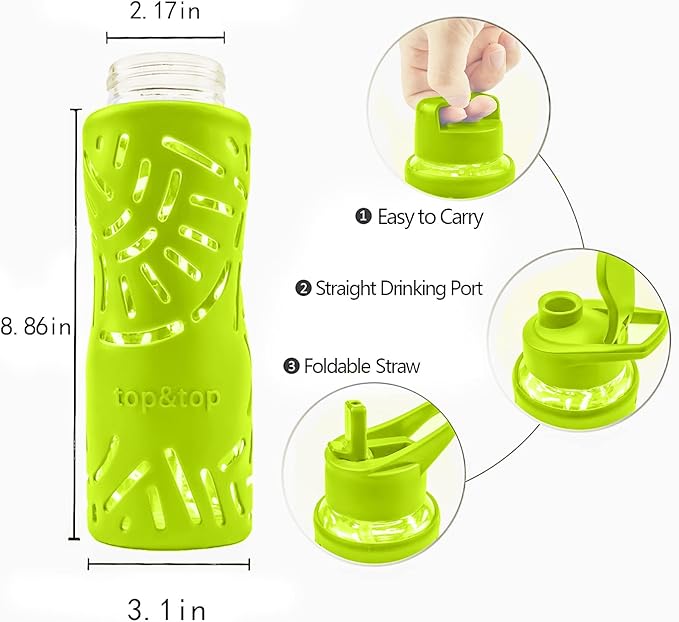 Top&Top 25oz Glass Water Bottles with Straw Cap – Wide Mouth Sports Water Bottles with Protective Silicone Sleeve + 3 Reusable Different Leak-Proof Lids (BPA Free) for Fitness and Outdoor (Yellow)