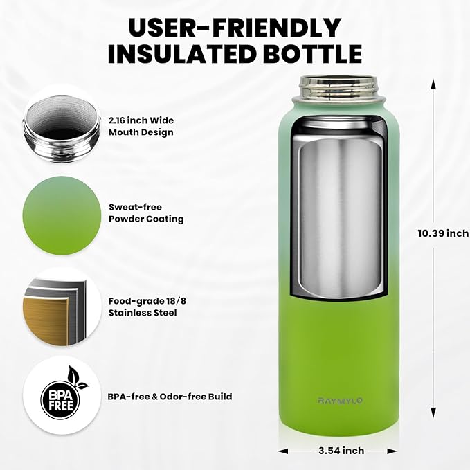 Insulated Water Bottle 40 oz, Triple Wall Vacuum Stainless Steel (Cold for 48 Hrs), Leak Proof & Non-BPA, Modern Water Flask Jug with Paracord Handle & Straw Spout Lids, Ombre Green