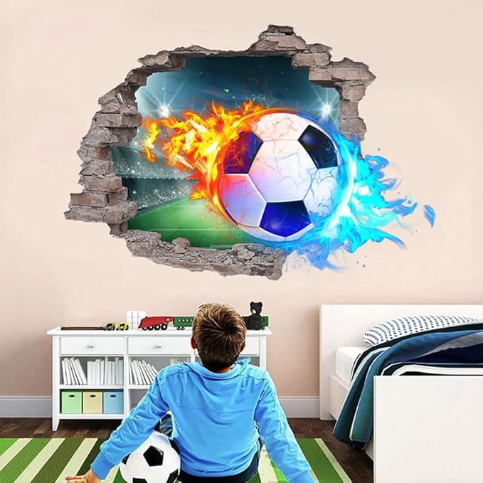 3D Soccer Wall Stickers Removable Soccer Wall Decals for Boys Break Through The Wall Vinyl Football Soccer Wall Stickers Murals Vinyls Decals for Teenager Room Playroom Decor (T0206)