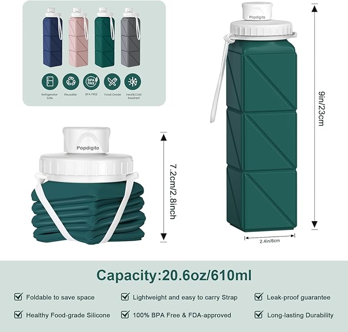 Collapsible Water Bottles Portable,BPA Free Food-Grade Silicone Reusable water Bottle For Outdoor Travel Hiking Sports,Compact,Lightweight Easy To Carry,Leakproof Water Bottles,Dark Green