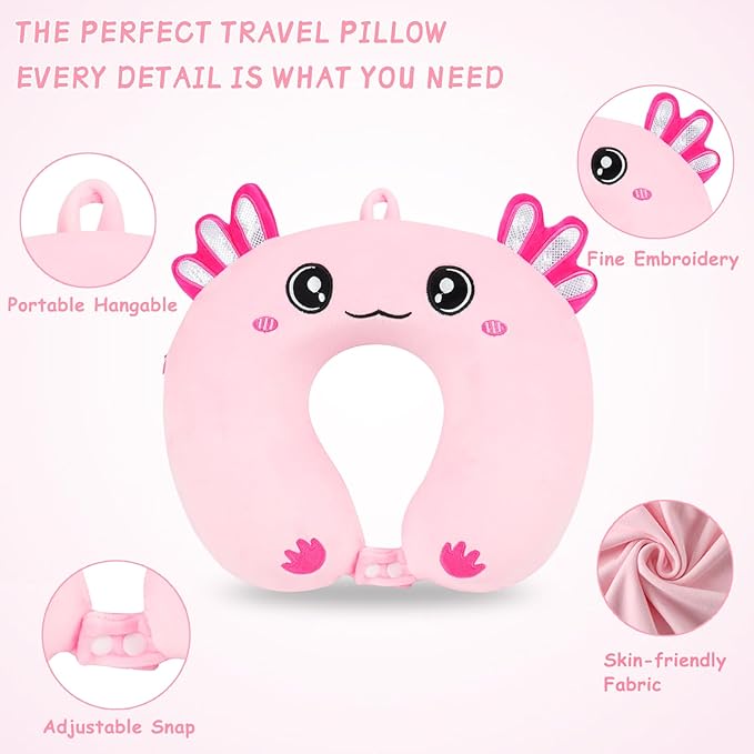 Travel Pillow, Kids Travel Pillow with Sleep Eye Mask Soft Memory Foam Kids Neck Pillow for Boys & Girls, Travel Accessories for Car Airplane Traveling - Axolotl