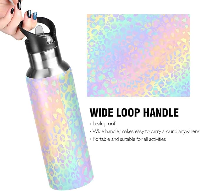 senya 34 Oz Water Bottle with Straw Rainbow Leopard Print Neon Stainless Steel Water Bottle for Traveling Sports Leakproof Insulated Water Bottle