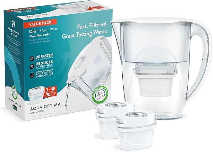 Aqua Optima 6-Cup Water Filter Pitcher Bundle Pack for Tap and Drinking Water with 3 Evolve+ Filter, Reduces Microplastics, Improves Taste, BPA Free, WQA Certified, Oria Design (White)