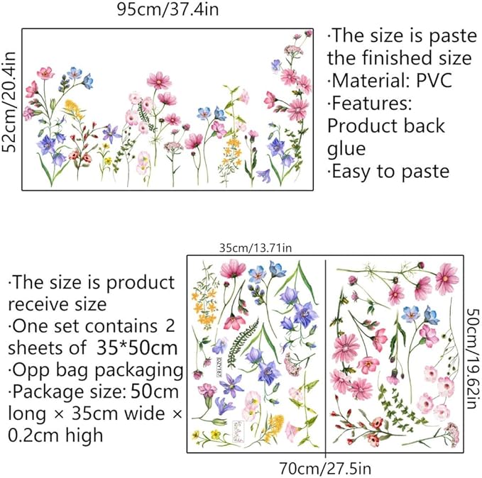 Flower Wall Decals Vinyl Colorful Vines Wall Stickers Peel and Stick Green Plants Leaves Wall Decor Removable Floral Wall Murals for Nursery Girls Bedroom Living Room Kitchen Classroom