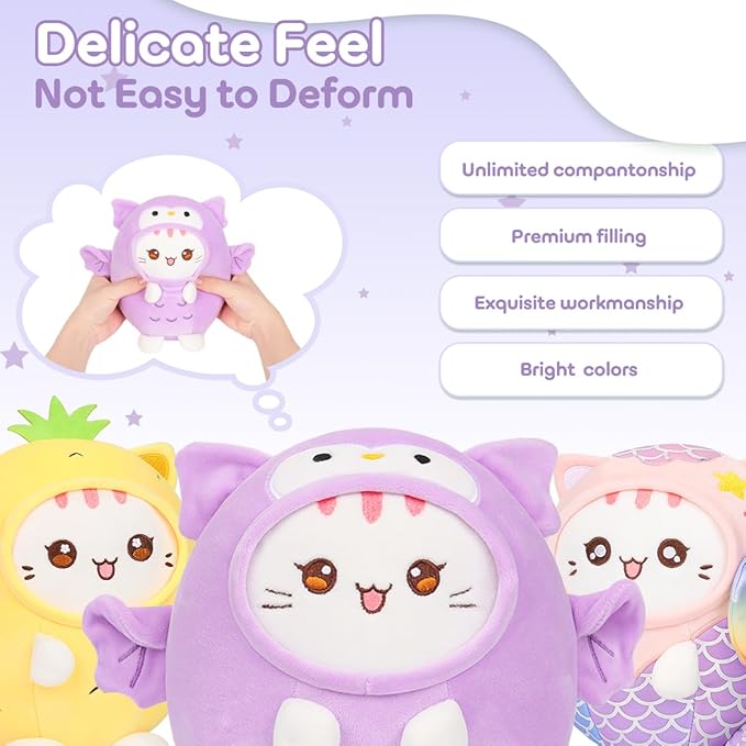Cute Plush Owl Cat Stuffed Animal Pillow, 8" Soft Kawaii Kitten Plushie with Purple Owl Outfit Gift for Kids