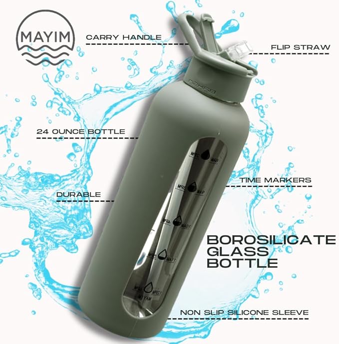 Mayim 24 Oz Glass Tumbler with Straw and Handle, Reusable Motivational Glass Water Bottle with Silicone Sleeve and Time Marker, Leak Proof Borosilicate Water Bottle -Grey