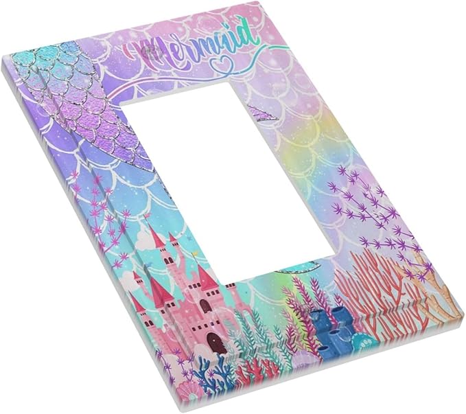 Silvery Glitter Cute Mermaid Tail Fantasy Castle 1 Gang Rocker Light Switch Covers Single Decora Outlet Wall Plate Decorative Switchplate Faceplate GFCI for Kidroom Nursery Bedroom Kitchen Decor