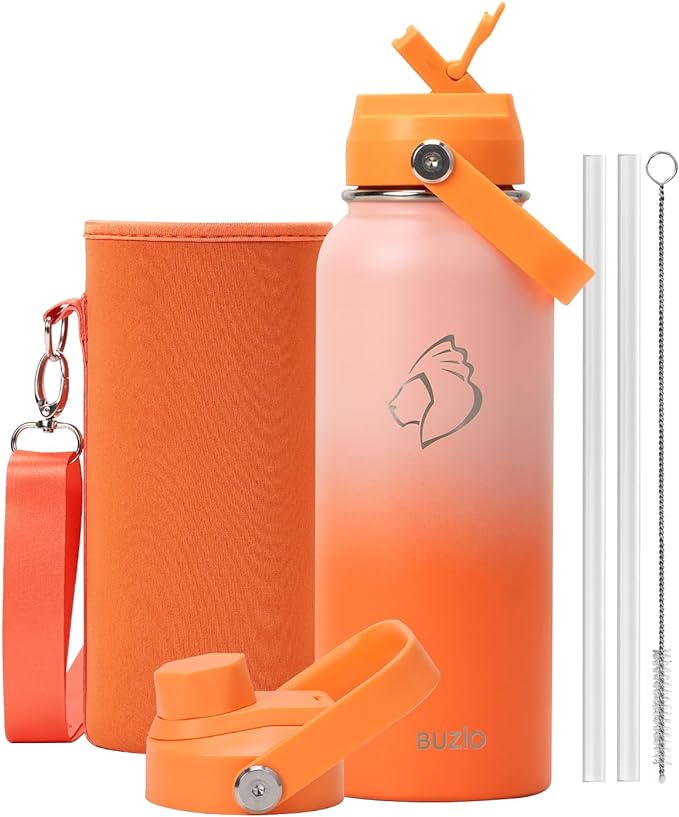 40oz Insulated Water Bottle, BUZIO Stainless Steel Water Flask with Straw Lid and Carrying Pouch, Keep Cold 48h Leak Proof Lead-Free Double Wall Vacuum Thermo Tumbler Sport Metal Canteen, Orange