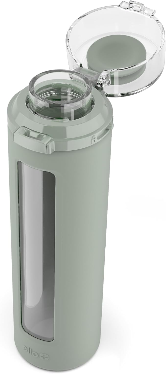 Ello Syndicate Glass Water Bottle with One-Touch Flip Lid and Protective Silicone Sleeve and Carry Loop, BPA Free, Dishwasher Safe,20oz