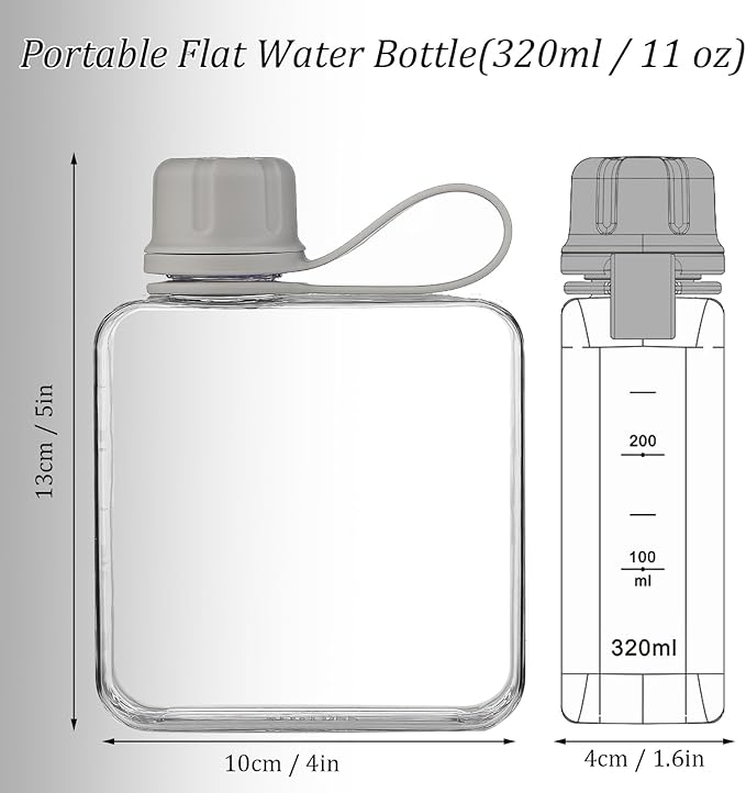 Tritan Transparent Flat Water Bottle samll Water Bottle Slim Square Pocket Bottle Water Flask, BPA Free/Slim Design/Leak Proof Water Bottle for Travel, Outdoor, Sports, Camping (Grey, 320ML)