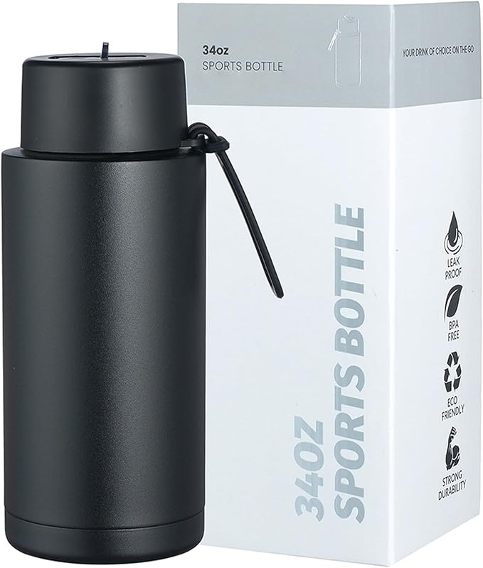 AGH 30oz Water Bottle - Double Wall Vacuum Insulated Stainless Steel Tumbler with Straw - Black