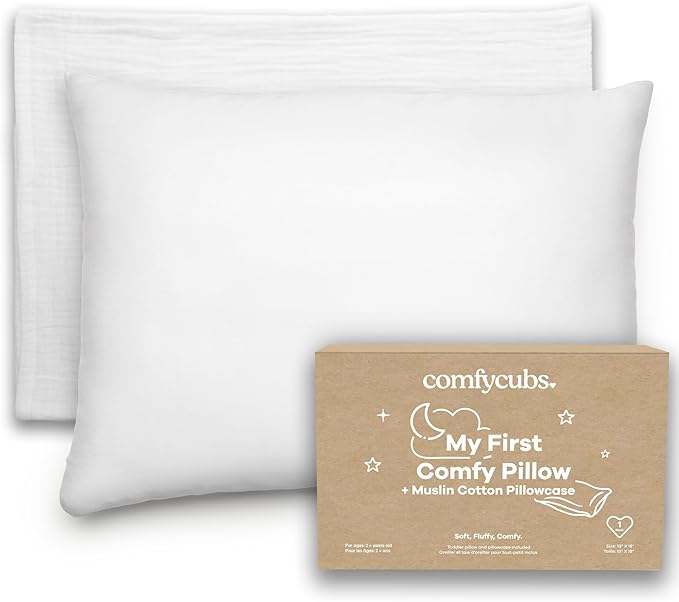 Comfy Cubs Toddler Pillow with Soft Muslin Pillowcase, 13"x18", White - Kids Pillow for Sleeping & Travel - Adorable & Comfortable Small Pillow - Kids Travel Pillow with Breathable Microfiber Fill