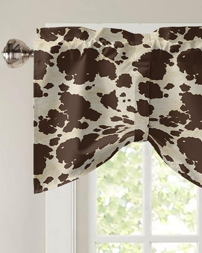 Brown Cowhide Cow Print Blackout Tie Up Valance Curtains for Kitchen Windows Graffie Window Toppers Balloon Shades for Living Room/Bathroom/Bedroom,1 Panel,42" X 18"