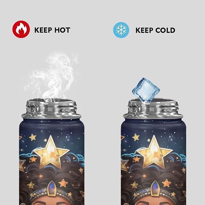 African Princess Insulated Water Bottle 18 oz Stainless Steel Bottle Reusable Wide Mouth African American Girl Water Bottle with Handle Thermal Mug Sports Water American Girl